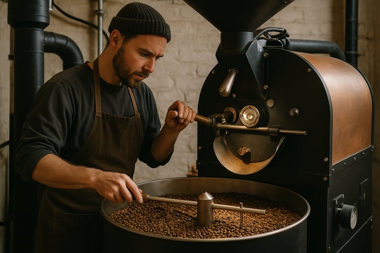 Artisanal coffee roasting process at Beanly's Berlin micro-roastery Artisanal coffee roasting process at Beanly's Berlin micro-roastery