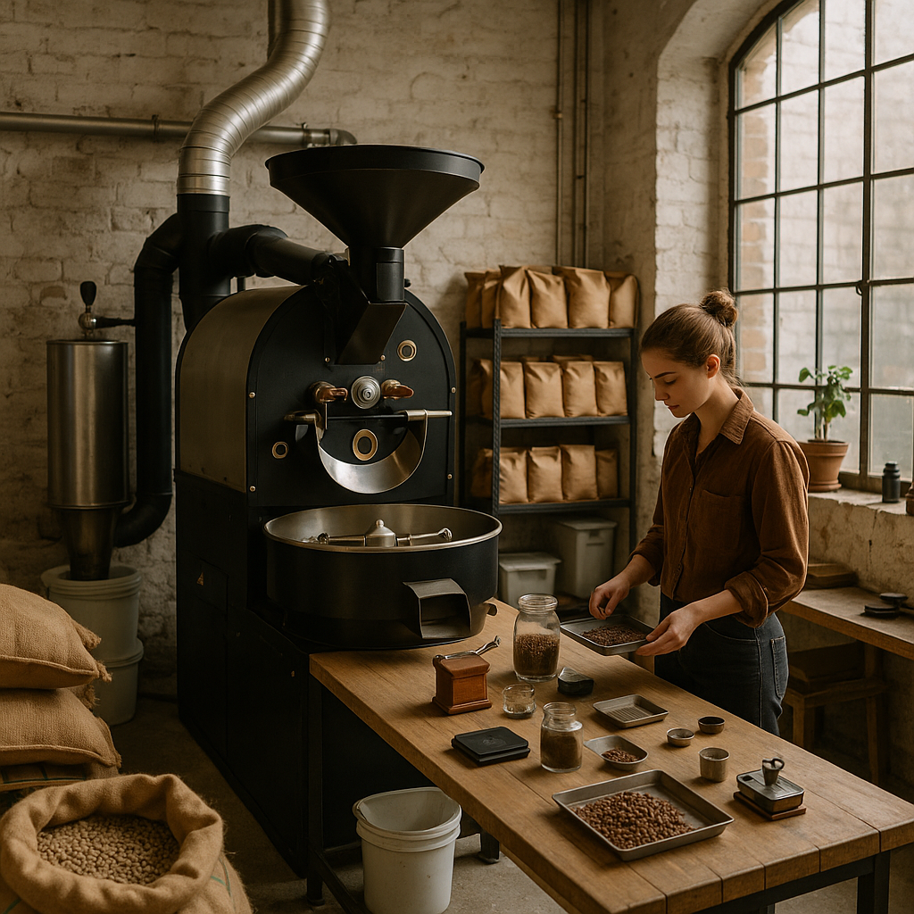 Beanly's Berlin micro-roastery workspace showing artisanal coffee production