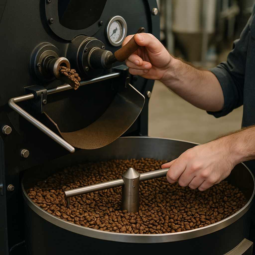 Hand-roasting process of single-origin coffee beans at Beanly's facility